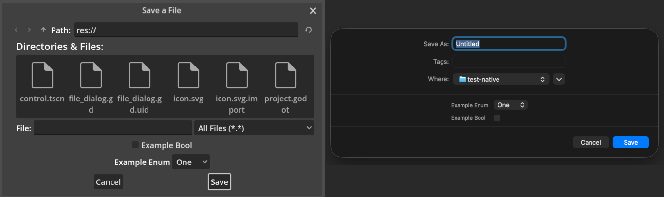 Comparación entre el FileDialog estándar (izquierda) y el diálogo de archivos nativo (derecha) en macOS