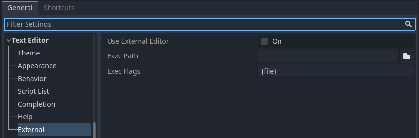 Sección Editor de Textos > Externo de la Configuración del Editor