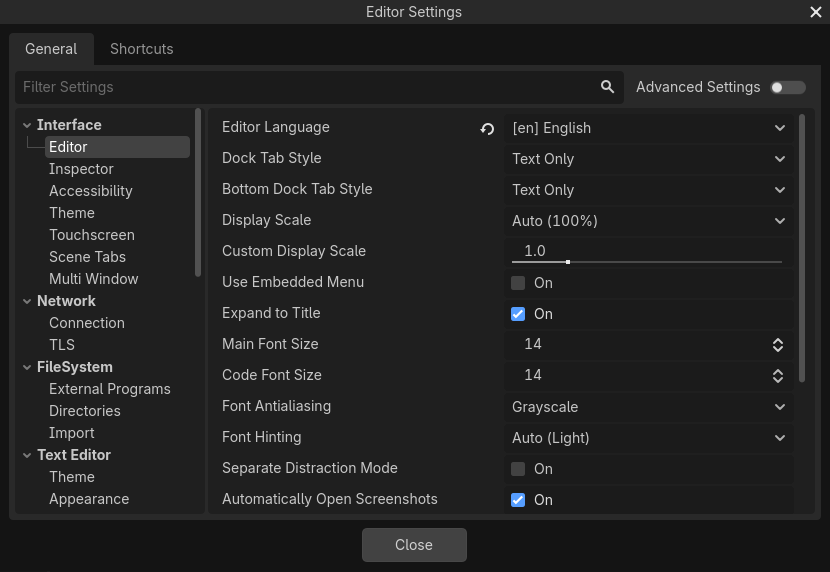 La ventana de Ajustes del Editor