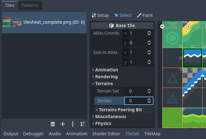 Configurar el terreno en un solo tile en el modo Seleccionar del editor TileSet