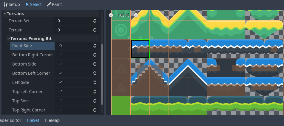 Configuración de bits de emparejamiento de terreno en un solo tile en el modo Seleccionar del editor TileSet