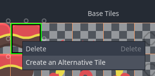Crear un tile alternativo al hacer clic derecho en un tile base en el editor de TileSet