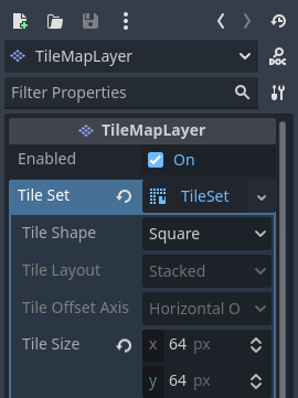 Establecer el tamaño del tile en 64×64 para que coincida con la hoja de tile del ejemplo